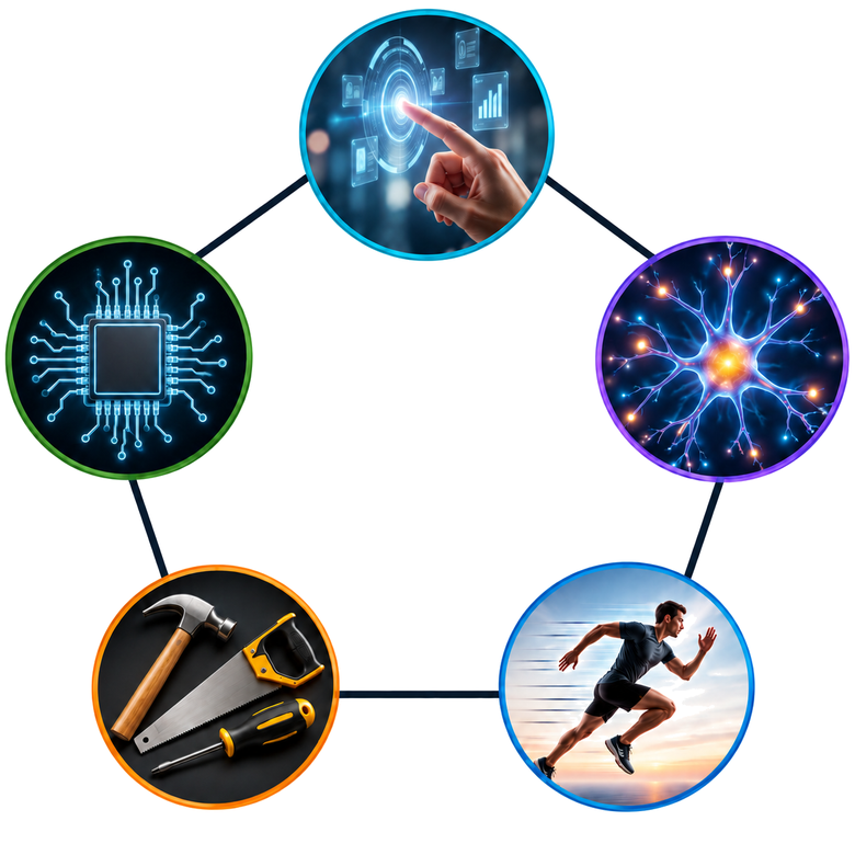 Five connected circles in a pentagon. At the top, a finger touching a holographic interface (touch). Going clockwise: a neuron (mind), a sprinter (motion), a hammer, saw and screwdriver (making), and a circuit chip (technology).